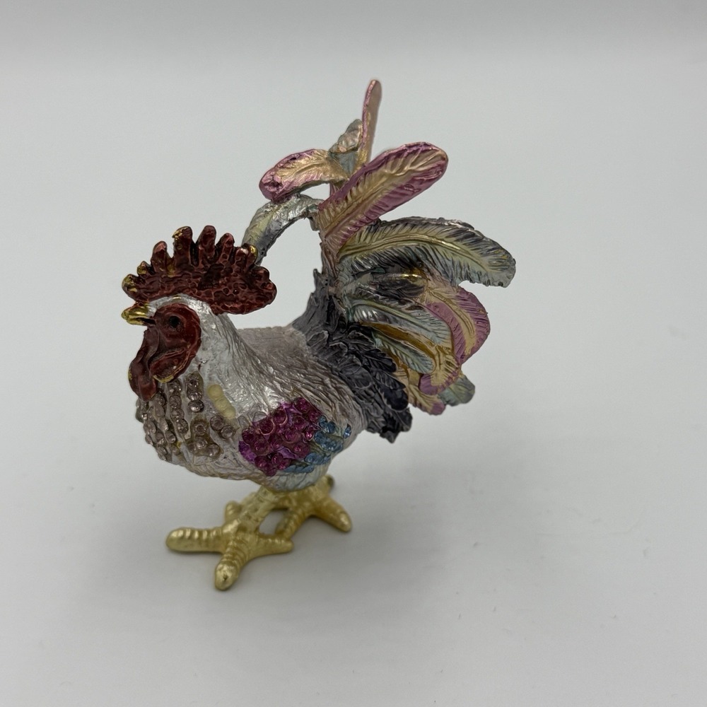 Rooster Trinket Box Hand Painted Enamel Hinged Jeweled Farmhouse Decor